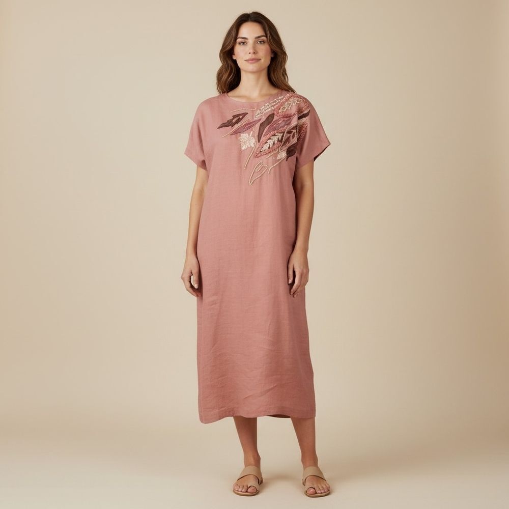 Pia Rucci Vintage 80s Terracotta Shift Dress with Embellished Yoke Woven Ramie